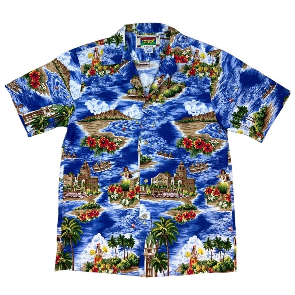 Vintage Banana Jack Honolulu Blue Hawaiian Tropical Short Sleeve Button Up Shirt
